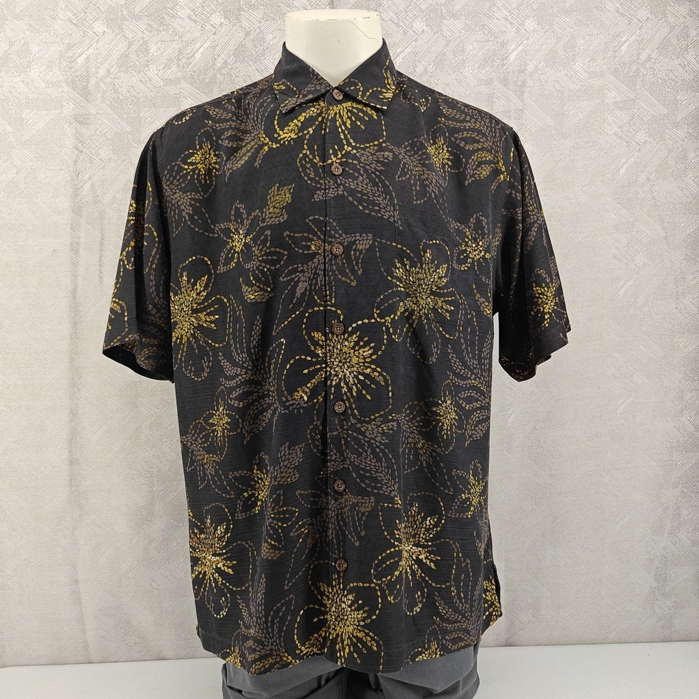 Tommy Bahama Shirt Mens Large Black Yellow 100% Silk Hawaiian Floral Button Up